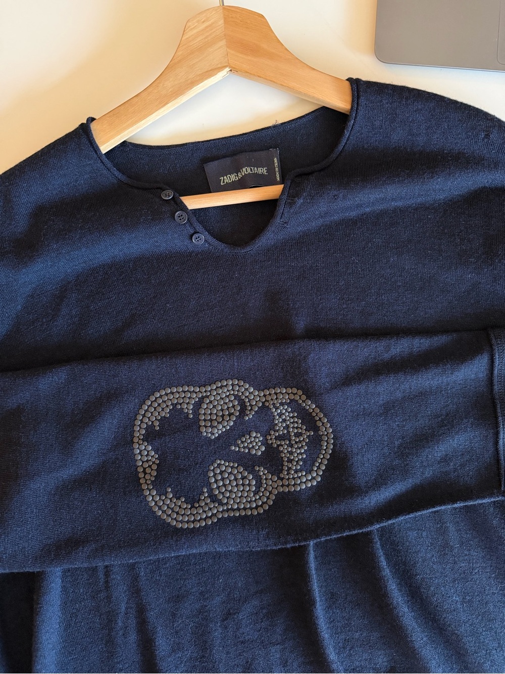 Zadig & Voltaire Merino Wool Navy Embellished Long-Sleeve Top